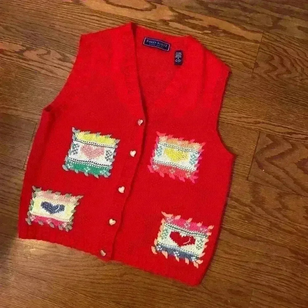 Vintage Embroidered Patchwork Hearts Sweater Vest Size Medium Hand Knit Cottage - Picture 9 of 9